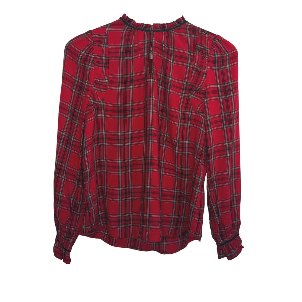 LOFT Red Tartan Plaid Ruffle Mock Neck Long Sleeve Top XS Festive Holiday Preppy